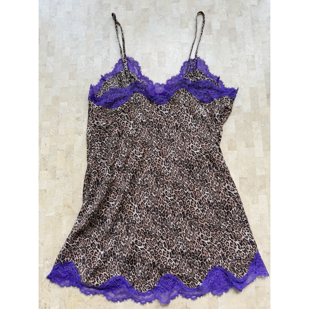 Victorias Secret‎ Silk Leopard Purple Lace Mini Slip Dress Coquette Grunge Y2K L - Picture 8 of 9
